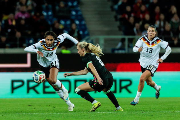 KARLSRUHE, GERMANY - OCTOBER 09: Cora Zicai (Germany, 14) controls the ball against Kaitlyn Torpey (Australia, 8) during the International Friendly, Länderspiel, Nationalmannschaft match between Germany vs. Australia at BBBank Wildpark on October 09, 2026 in Karlsruhe, Germany. Germany Copyright: xSteffiexWunderlx