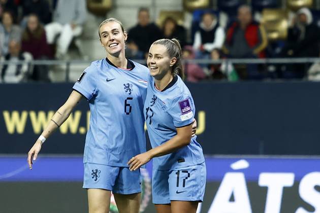 FELCSUT, 09-10-2026 , Pancho Arena, season 2026 2027 , UEFA worldcup qualification football play-offs round 1 , match between Hungary and The Netherlands (women) 1st leg , Pictures shows Netherlands player Jill Roord and Netherlands player Victoria Pelova Hungary - Netherlands (women) x208079858x Copyright: