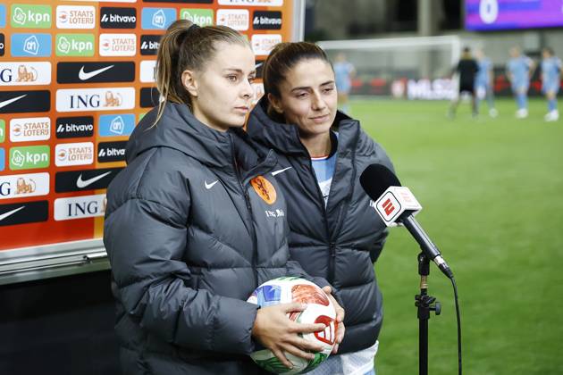 FELCSUT, 09-10-2026 , Pancho Arena, season 2026 2027 , UEFA worldcup qualification football play-offs round 1 , match between Hungary and The Netherlands (women) 1st leg final score 0-8. Pictures shows Netherlands player and Netherlands player Victoria Pelova (L) Hungary - Netherlands (women) x208080466x Copyright: