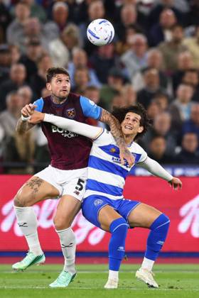 Morato of West Ham United and Rayan Kolli of Queen Park Rangers battle for the ball West Ham United v Queens Park Rangers, EFL Championship, Football, London Stadium, London, UK - 09 Oct 2026London London Stadium United Kingdom EDITORIAL USE ONLY No use with unauthorised audio, video, data, fixture lists, club league logos or live services. Online in-match use limited to 120 images, no video emulation. No use in betting, games or single club league player publications. Copyright: xSimonxDael Shutterstockx 17196556ao