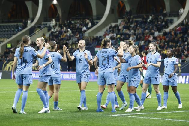 FELCSUT, 09-10-2026 , Pancho Arena, season 2026 2027 , UEFA worldcup qualification football play-offs round 1 , match between Hungary and The Netherlands (women) 1st leg final score 0-8. Pictures shows another goal celebration moment Hungary - Netherlands (women) x208081316x Copyright: