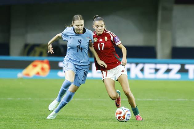 FELCSUT, 09-10-2026 , Pancho Arena, season 2026 2027 , UEFA worldcup qualification football play-offs round 1 , match between Hungary and The Netherlands (women) 1st leg final score 0-8. Pictures shows Netherlands player Lotte Keukelaar and Hungary player Borbala Vincze Hungary - Netherlands (women) x208081329x Copyright: