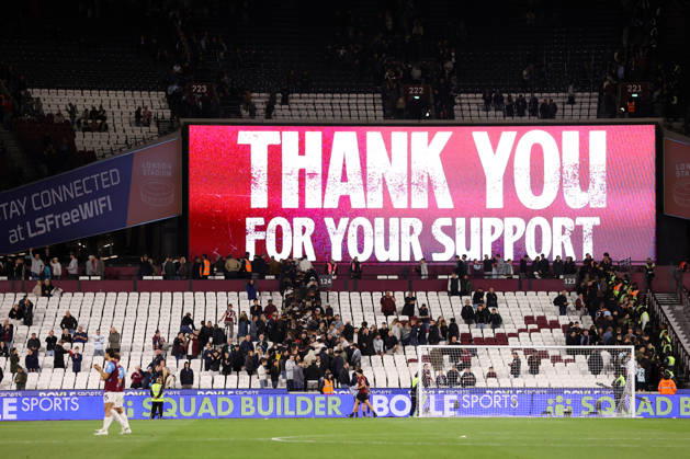 West Ham United v Queens Park Rangers 09 October 2026, London - EFL Championship Football - West Ham United v Queens Park Rangers - A message that says Thank You For Your Support on the big screen as fans rush to leave - Photo: Jacques Feeney Offside. London UK Copyright: xJacquesxFeeneyx xOffsidexOffside