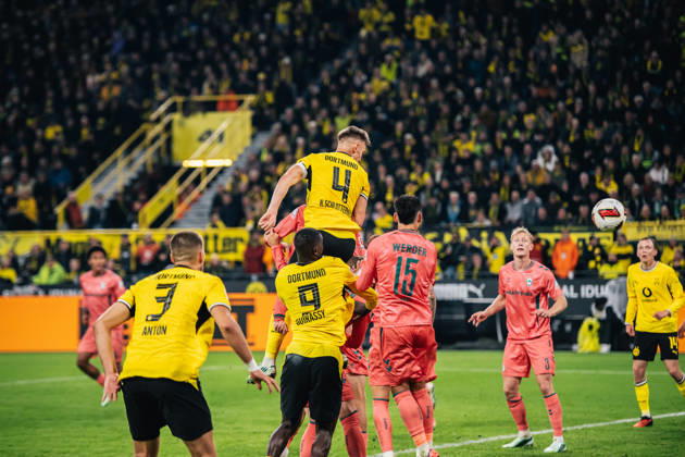 Borussia Dortmund v SV Werder Bremen - Bundesliga 2026 27 Nico Schlotterbeck of Borussia Dortmund scores his team s second goal during the Bundesliga match between Borussia Dortmund and SV Werder Bremen at Signal Iduna Park in Dortmund, Germany, on October 9, 2026. Dortmund Germany  Copyright: xHeshamxElsherifx originalFilename:elsherif-notitle261009_npED0.jpg