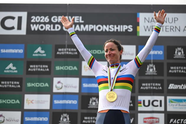 2026 UCI Gravel World Championships Picture by Zac Williams SWpix.com - 10 10 2026 - Cycling - 2026 UCI Gravel World Championships - Nannup, Western Australia, Australia - Women™s Elite Podium - Marianne Vos (Netherlands) wins the Gold Medal to become World Champion Copyright: x xSWpix.comx(t axPhotographyxHubxLtd)xZacxWilliams SWpix.comx SWP-3030-24172