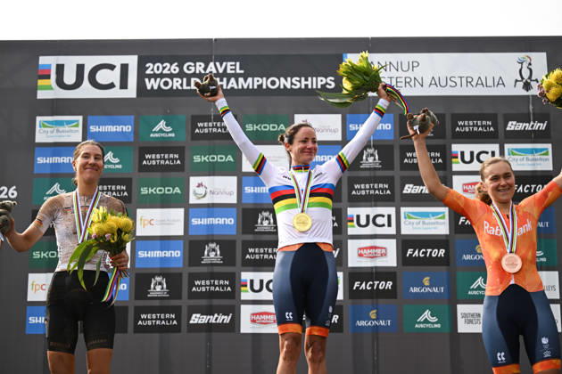 2026 UCI Gravel World Championships Picture by Zac Williams SWpix.com - 10 10 2026 - Cycling - 2026 UCI Gravel World Championships - Nannup, Western Australia, Australia - Women™s Elite Podium - Marianne Vos (Netherlands) wins the Gold Medal to become World Champion with Rosa Klöser (Germany) receiving the Silver Medal and Larissa Hartog (Netherlands) receiving the Bronze Medal Copyright: x xSWpix.comx(t axPhotographyxHubxLtd)xZacxWilliams SWpix.comx SWP-3030-24186