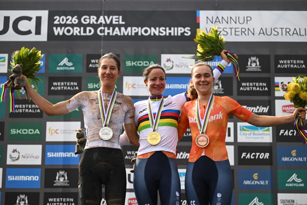 2026 UCI Gravel World Championships Picture by Zac Williams SWpix.com - 10 10 2026 - Cycling - 2026 UCI Gravel World Championships - Nannup, Western Australia, Australia - Women™s Elite Podium - Marianne Vos (Netherlands) wins the Gold Medal to become World Champion with Rosa Klöser (Germany) receiving the Silver Medal and Larissa Hartog (Netherlands) receiving the Bronze Medal Copyright: x xSWpix.comx(t axPhotographyxHubxLtd)xZacxWilliams SWpix.comx SWP-3030-24187