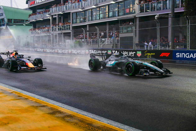 RECORD DATE NOT STATED 10th October 2026; Marina Bay, Singapore; Formula 1, Singapore Grand Prix, Sprint Race and Qualifying Day; Dramatic start on a wet track with George Russell (63) of Great Britain and Mercedes-AMG PETRONAS Formula One Team taking an early lead DavidxAsh