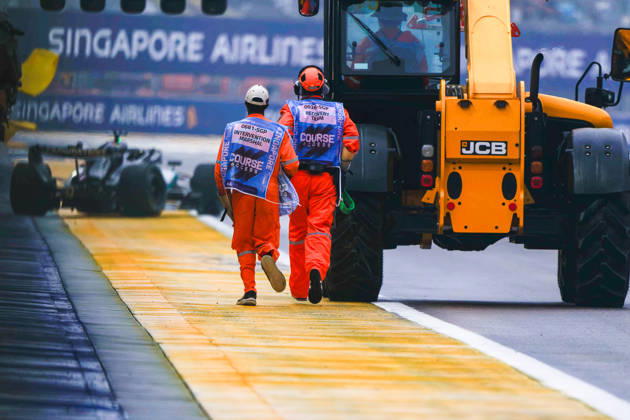 RECORD DATE NOT STATED 10th October 2026; Marina Bay, Singapore; Formula 1, Singapore Grand Prix, Sprint Race and Qualifying Day; George Russell (63) of Great Britain and Mercedes-AMG PETRONAS Formula One Team is unhurt but the emergency teams head to collect the wreckage DavidxAsh