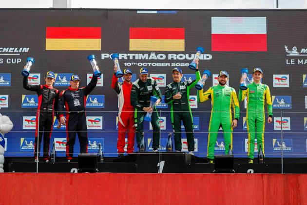 AUTO - MLC 2026 - PORTIMAO 71 AUST Stefan (ger), FERNANDEZ-LASER Felipe (ger), Rinaldi Racing, Ligier JS P325 - Toyota, LMP3 Pro Am, 66 PARROW Steve (ger), PEDERSEN Mikkel Gaarde (den), Rinaldi Racing, Ligier JS P325 - Toyota, LMP3 Pro Am, 34 BUKHANTSOV Alexander (uae), WINSLOW James (aus), Inter Europol Competition, Ligier JS P325 - Toyota, LMP3 Pro Am, podium, portrait celebration during the 6th round of the 2026 Michelin Le Mans Cup on the Autodromo Internacional do Algarve from October 8 to 10, 2026 in Portimao, Portugal - PortimaoPortugal Copyright: xPauloxMariax