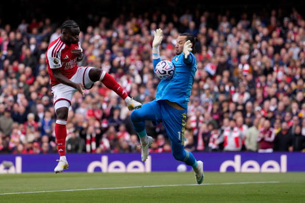 10th October 2026; Emirates Stadium, London, England; Premier League Football, Arsenal versus Leeds United; Bukayo Saka of Arsenal has his shot saved by James Trafford of Leeds United TomxMajor
