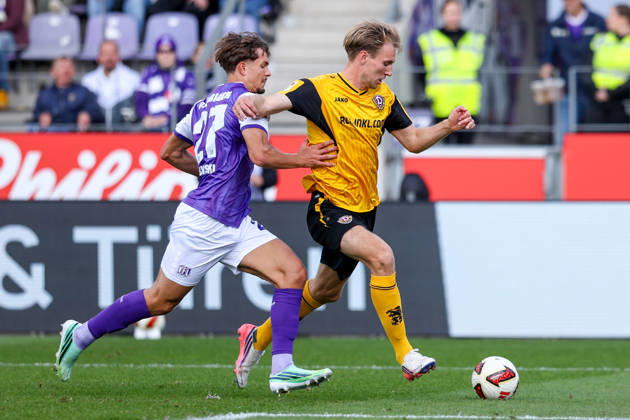 2026.10.10, xkwix, Fußball, 2. Bundesliga, VfL Osnabrück - SG Dynamo Dresden, Stadion an der Bremer Brücke, 7.Spieltag, Saison 2026 2027: Vincent Vermeij (SG Dynamo Dresden 9) im Zweikampf gegen Robin Fabinski (VfL Osnabrueck 27) DFB regulations prohibit any use of photographs as image sequences and or quasi-video. Photo: xKamilxWilkowskixPressefotoKochx Niedersachsen Deutschland