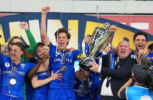 AUSTRALIA CUP SOUTH MELBOURNE VICTORY, South Melbourne Head coach Sinisa Cohadzic and captain Marco Jankovic of South Melbourne celebrate with the trophy after winning the Australia Cup final match between South Melbourne FC and Melbourne Victory FC at AAMI Park in Melbourne, Saturday, October 10, 2026. ( NO ARCHIVING, EDITORIAL USE ONLY MELBOURNE VICTORIA Australia Copyright: xSCOTTxBARBOURx 20261010162234483812