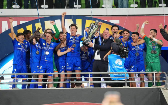 AUSTRALIA CUP SOUTH MELBOURNE VICTORY, South Melbourne Head coach Sinisa Cohadzic and captain Marco Jankovic of South Melbourne celebrate with the trophy after winning the Australia Cup final match between South Melbourne FC and Melbourne Victory FC at AAMI Park in Melbourne, Saturday, October 10, 2026. ( NO ARCHIVING, EDITORIAL USE ONLY MELBOURNE VICTORIA Australia Copyright: xSCOTTxBARBOURx 20261010171770766874