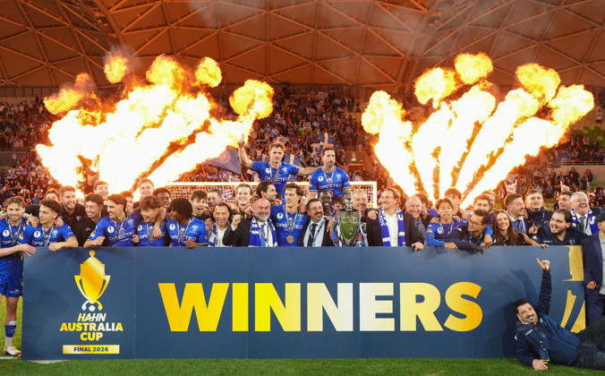 AUSTRALIA CUP SOUTH MELBOURNE VICTORY, South Melbourne celebrate with the trophy after winning the Australia Cup final match between South Melbourne FC and Melbourne Victory FC at AAMI Park in Melbourne, Saturday, October 10, 2026. ( NO ARCHIVING, EDITORIAL USE ONLY MELBOURNE VICTORIA Australia  Copyright: xSCOTTxBARBOURx 20261010191031273980