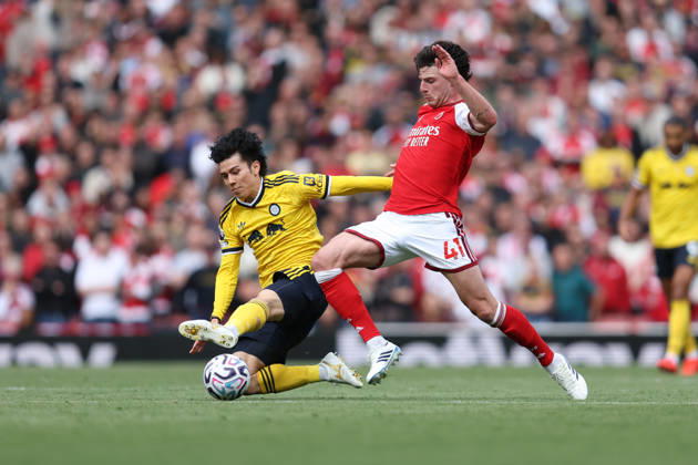 Arsenal v Leeds United 10 October 2026, London - Premier League Football - Arsenal v Leeds United - Ao Tanaka of Leeds United dispossesses Declan Rice of Arsenal - Photo: Charlotte Wilson Offside. London UK Copyright: xCharlottexWilsonx xOffsidexOffside