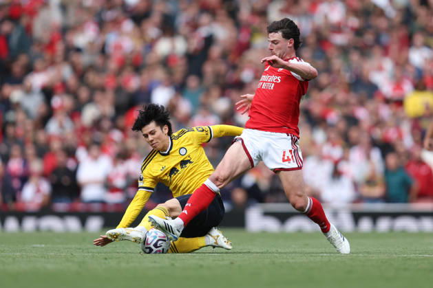 Arsenal v Leeds United 10 October 2026, London - Premier League Football - Arsenal v Leeds United - Ao Tanaka of Leeds United dispossesses Declan Rice of Arsenal - Photo: Charlotte Wilson Offside. London UK Copyright: xCharlottexWilsonx xOffsidexOffside