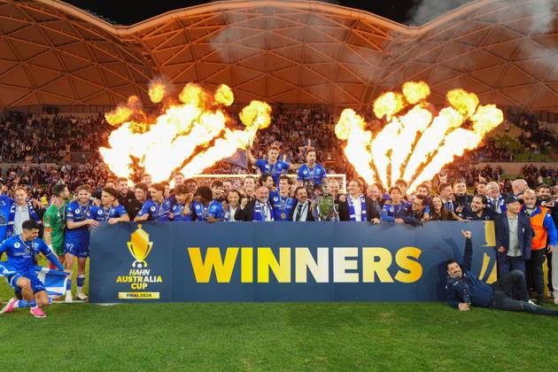 AUSTRALIA CUP SOUTH MELBOURNE VICTORY, South Melbourne celebrate with the trophy after winning the Australia Cup final match between South Melbourne FC and Melbourne Victory FC at AAMI Park in Melbourne, Saturday, October 10, 2026. ( NO ARCHIVING, EDITORIAL USE ONLY MELBOURNE VICTORIA Australia  Copyright: xSCOTTxBARBOURx 20261010176315762105