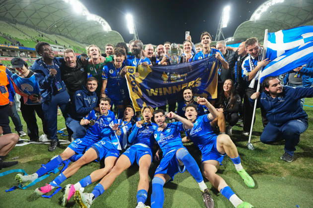 AUSTRALIA CUP SOUTH MELBOURNE VICTORY, South Melbourne celebrate with the trophy after winning the Australia Cup final match between South Melbourne FC and Melbourne Victory FC at AAMI Park in Melbourne, Saturday, October 10, 2026. ( NO ARCHIVING, EDITORIAL USE ONLY MELBOURNE VICTORIA Australia  Copyright: xSCOTTxBARBOURx 20261010185760602057