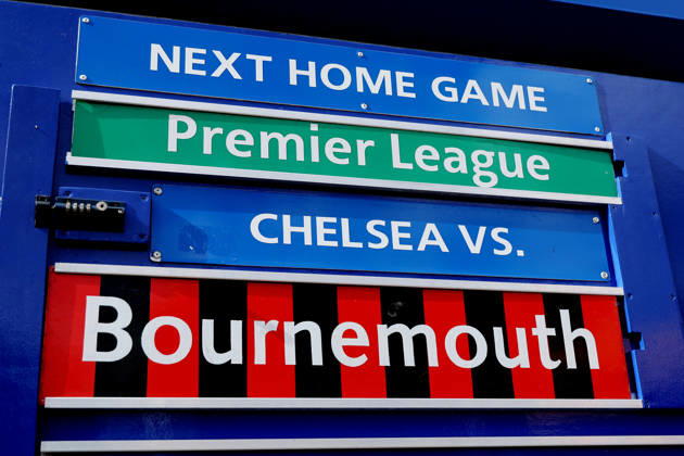 10th October 2026; Stamford Bridge, London, England; Premier League Football, Chelsea versus Bournemouth; Chelsea versus Bournemouth displayed on the home fixture board outside Stamford Bridge JohnxPatrickxFletcher