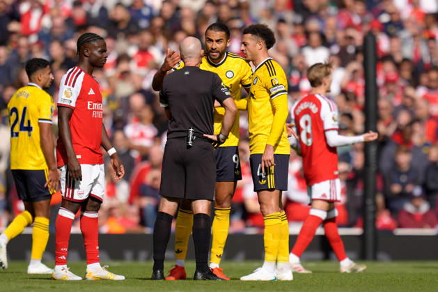 10th October 2026; Emirates Stadium, London, England; Premier League Football, Arsenal versus Leeds United; Dominic Calvert-Lewin of Leeds United speaks with the referee Paul Tierney TomxMajor