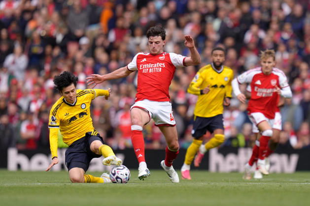 10th October 2026; Emirates Stadium, London, England; Premier League Football, Arsenal versus Leeds United; Declan Rice of Arsenal is challenged by Ao Tanaka of Leeds United TomxMajor
