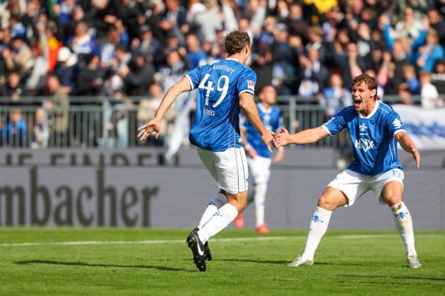 2026.10.10 Fussball 2.Bundesliga SV Darmstadt 98 - Energie Cottbus v.l., Yannik Luehrs (SV Darmstadt 98) and Fynn Luca Lakenmacher (SV Darmstadt 98) seen celebrating after scoring goal to 3:1 Copyright: HMBxMedia JoaquimxFerreira