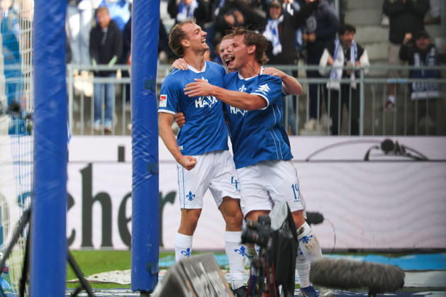 2026.10.10 Fussball 2.Bundesliga SV Darmstadt 98 - Energie Cottbus v.l., Yannik Luehrs (SV Darmstadt 98), Kai Klefisch (SV Darmstadt 98) and Fynn Luca Lakenmacher (SV Darmstadt 98) seen celebrating after scoring goal to 3:1 Copyright: HMBxMedia JoaquimxFerreira