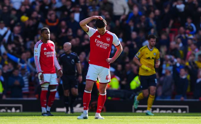 Declan Rice of Arsenal reacts after James Justin of Leeds United scored the opening goal Arsenal v Leeds United, Premier League, Football, Emirates Stadium, London, UK - 10 Oct 2026London Emirates Stadium United Kingdom EDITORIAL USE ONLY No use with unauthorised audio, video, data, fixture lists, club league logos or live services. Online in-match use limited to 120 images, no video emulation. No use in betting, games or single club league player publications.  Copyright: xJavierxGarcia Shutterstockx 17204400x