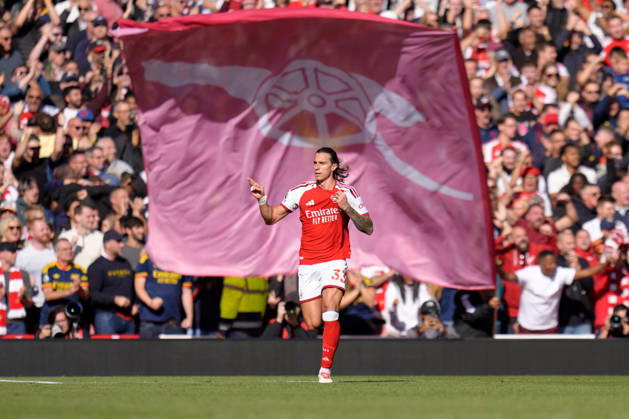 10th October 2026; Emirates Stadium, London, England; Premier League Football, Arsenal versus Leeds United; Riccardo Calafiori of Arsenal celebrates after scoring the equaliser to make it 1-1 in the 62nd minute TomxMajor