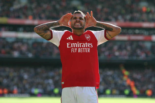 Arsenal v Leeds United 10 October 2026, London - Premier League Football - Arsenal v Leeds United - Bruno Guimaraes of Arsenal celebrates after scoring the second goal for his team - Photo: Charlotte Wilson Offside. London UK Copyright: xCharlottexWilsonx xOffsidexOffside