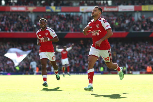 Arsenal v Leeds United 10 October 2026, London - Premier League Football - Arsenal v Leeds United - Bruno Guimaraes of Arsenal celebrates after scoring the second goal for his team - Photo: Charlotte Wilson Offside. London UK Copyright: xCharlottexWilsonx xOffsidexOffside