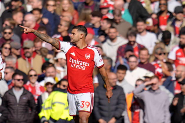 10th October 2026; Emirates Stadium, London, England; Premier League Football, Arsenal versus Leeds United; Bruno Guimaraes of Arsenal celebrates after scoring to make it 2-1 in the 70th minute TomxMajor