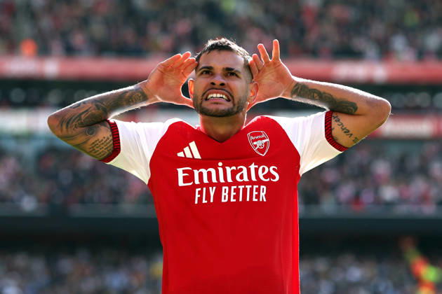 Arsenal v Leeds United 10 October 2026, London - Premier League Football - Arsenal v Leeds United - Bruno Guimaraes of Arsenal celebrates after scoring the second goal for his team - Photo: Charlotte Wilson Offside. London UK Copyright: xCharlottexWilsonx xOffsidexOffside