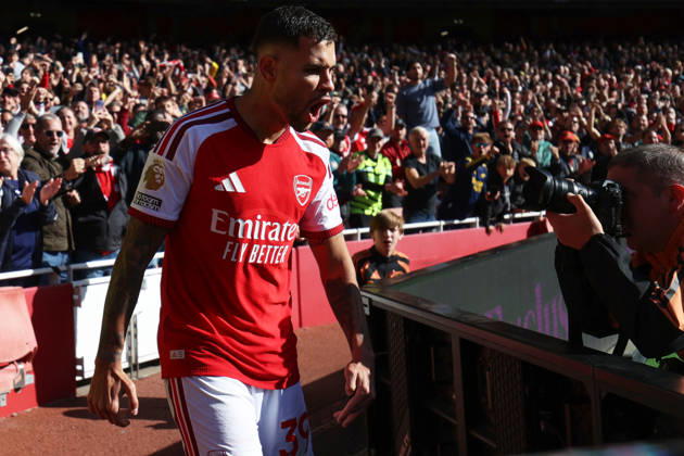 Arsenal v Leeds United 10 October 2026, London - Premier League Football - Arsenal v Leeds United - Bruno Guimaraes of Arsenal celebrates after scoring the winning goal for his team - Photo: Charlotte Wilson Offside. London UK Copyright: xCharlottexWilsonx xOffsidexOffside