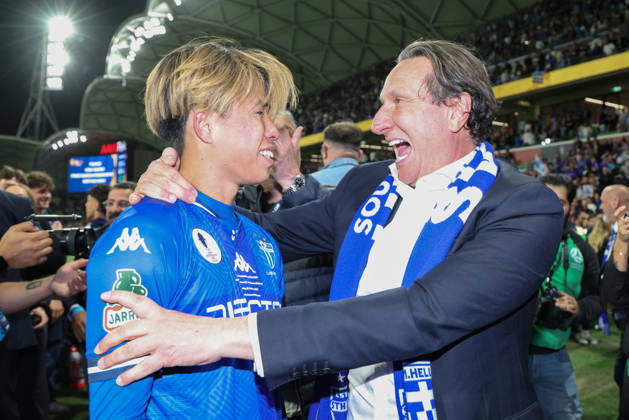 October 10, 2026, Melbourne, Victoria, Australia: MELBOURNE, AUSTRALIA - OCTOBER 10: Bill Papastergiadis celebrates with Yuki Uchida of South Melbourne FC in the Australia Cup Final match against Melbourne Victory FC at AAMI Park on October 10, 2026 in Melbourne, Austr0alia. South Melbourne FC V Melbourne Victory FC - Australia Cup 2026 Final - ZUMAp121 20261010_zsp_p121_015 Copyright: xChrisxPutnamx