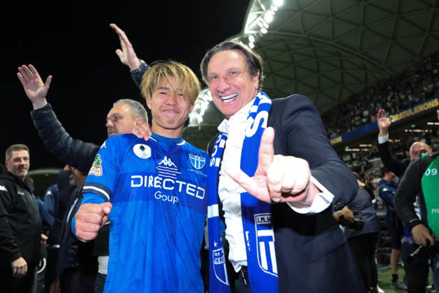 October 10, 2026, Melbourne, Victoria, Australia: MELBOURNE, AUSTRALIA - OCTOBER 10: Bill Papastergiadis celebrates with Yuki Uchida of South Melbourne FC in the Australia Cup Final match against Melbourne Victory FC at AAMI Park on October 10, 2026 in Melbourne, Austr0alia. South Melbourne FC V Melbourne Victory FC - Australia Cup 2026 Final - ZUMAp121 20261010_zsp_p121_016 Copyright: xChrisxPutnamx