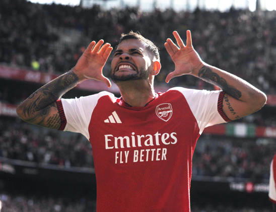 Football - 2026 2027 Premier League - Arsenal vs Leeds United - Emirates Stadium - Saturday 10th October 2026 Bruno Guimaraes of Arsenal celebrates scoring the winning goal 