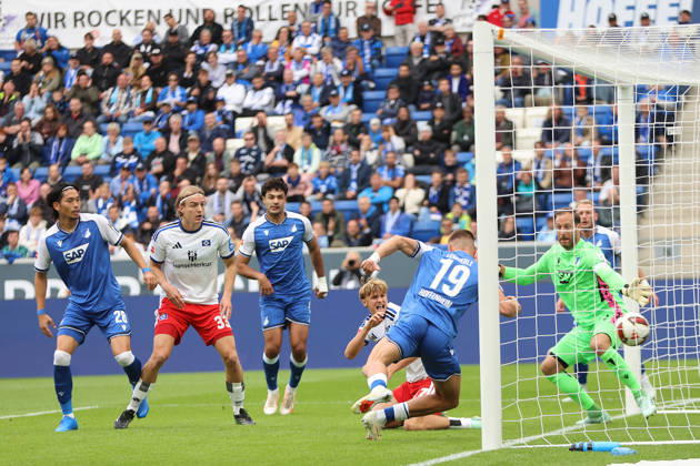 10.10.2026, xtvx, Fussball 1.Bundesliga, TSG 1899 Hoffenheim - Hamburger SV v.l. Goal scored, Tor zum 0:1 Yussuf Poulsen (Hamburger SV) (DFL DFB REGULATIONS PROHIBIT ANY USE OF PHOTOGRAPHS as IMAGE SEQUENCES and or QUASI-VIDEO) Sinsheim