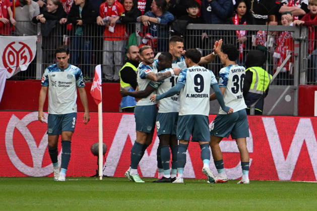 10.10.2026, xsltx, Fussball 1.Bundesliga, FSV Mainz 05 - Bayer 04 Leverkusen v.l. Torjubel nach dem Tor zum celebrating the goal celebrate 0:2 durch Patrik Schick (Bayer 04 Leverkusen) (DFL DFB REGULATIONS PROHIBIT ANY USE OF PHOTOGRAPHS as IMAGE SEQUENCES and or QUASI-VIDEO) Mainz