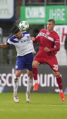 10.10.2026, Hänsch-Arena, Meppen, GER, 3. Liga, 9. Spieltag: SV Meppen vs VfB Stuttgart II, Kopfballduell zwischen Stefan Rankic (SV Meppen 33) und Enis Redzepi (VfB Stuttgart II 39) DFL REGULATIONS PROHIBIT ANY USE OF PHOTOGRAPHS AS IMAGE SEQUENCES AND OR QUASI-VIDEO. Meppen Niedersachsen Hänsch-Arena