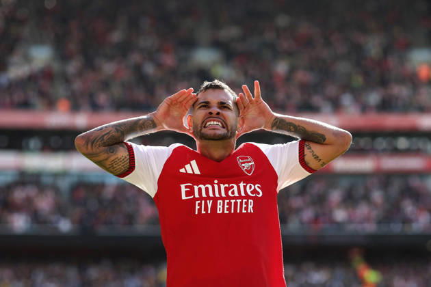 Arsenal v Leeds United 10 October 2026, London - Premier League Football - Arsenal v Leeds United - Bruno Guimaraes of Arsenal celebrates scoring their 2nd goal - Photo: Charlotte Wilson Offside. London UK Copyright: xCharlottexWilsonx xOffsidexOffside