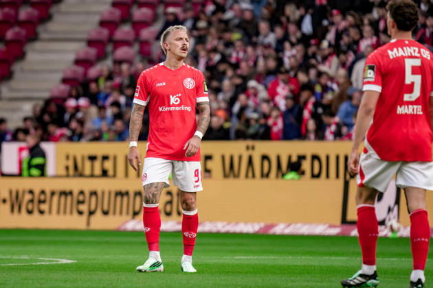 Deutschland: Fussball Saison 2026 2027 , 1. Bundesliga , 5. Spieltag , 1. FSV Mainz 05 vs. Bayer 04 Leverkusen - MEWA-Arena (Mainz) : Phillip Tietz (1. FSV Mainz 05, 9) Mimik, Gesichtsausdruck, Emotion Mainz MEWA-Arena Deutschland Germany Copyright: xBennetxLongx