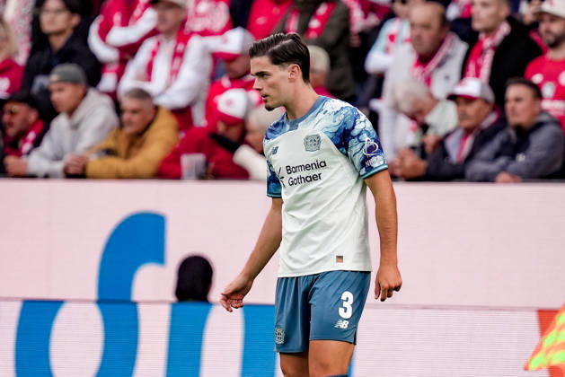 Deutschland: Fussball Saison 2026 2027 , 1. Bundesliga , 5. Spieltag , 1. FSV Mainz 05 vs. Bayer 04 Leverkusen - MEWA-Arena (Mainz) : Miguel GutiÃ rrez Miguel Gutierrez (Bayer 04 Leverkusen, 3) Mimik, Gesichtsausdruck, Emotion Mainz MEWA-Arena Deutschland Germany Copyright: xBennetxLongx