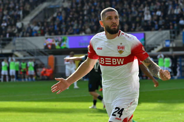 Paderborn, Home-Deluxe-Arena, 10.10.26, GER, Herren, 1.Bundesliga, Saison 2026-2027, SC Paderborn 07 - VfB Stuttgart Bild: Julian CHABOT (Stuttgart) jubelt nach seinem Tor zum 0:1 DFL regulations prohibit any use of photographs as image sequences and or quasi-video. Nordrhein-Westfalen Deutschland