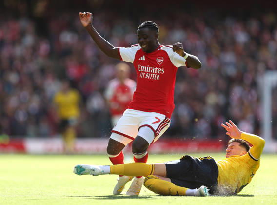 Arsenal v Leeds United 10 October 2026, London - Premier League Football - Arsenal v Leeds United - Tarik Muharemovic of Leeds United fouls Bukayo Saka of Arsenal - Photo: Charlotte Wilson Offside. London UK Copyright: xCharlottexWilsonx xOffsidexOffside