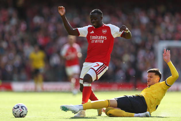 Arsenal v Leeds United 10 October 2026, London - Premier League Football - Arsenal v Leeds United - Tarik Muharemovic of Leeds United fouls Bukayo Saka of Arsenal - Photo: Charlotte Wilson Offside. London UK Copyright: xCharlottexWilsonx xOffsidexOffside