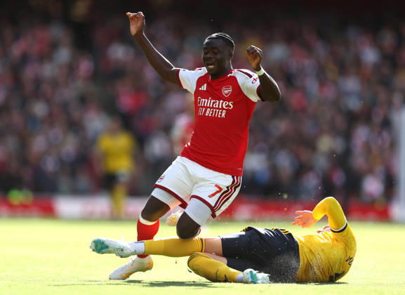 Arsenal v Leeds United 10 October 2026, London - Premier League Football - Arsenal v Leeds United - Tarik Muharemovic of Leeds United fouls Bukayo Saka of Arsenal - Photo: Charlotte Wilson Offside. London UK Copyright: xCharlottexWilsonx xOffsidexOffside