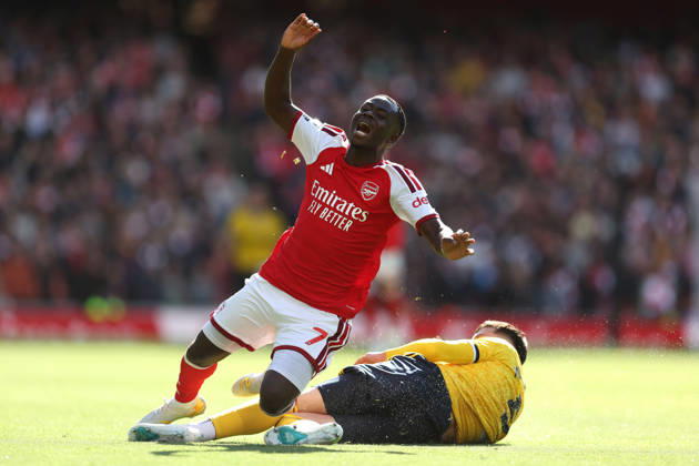 Arsenal v Leeds United 10 October 2026, London - Premier League Football - Arsenal v Leeds United - Tarik Muharemovic of Leeds United fouls Bukayo Saka of Arsenal - Photo: Charlotte Wilson Offside. London UK Copyright: xCharlottexWilsonx xOffsidexOffside