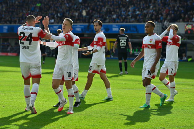 Paderborn, Home-Deluxe-Arena, 10.10.26, GER, Herren, 1.Bundesliga, Saison 2026-2027, SC Paderborn 07 - VfB Stuttgart Bild: Julian CHABOT (Stuttgart) jubelt nach seinem Tor zum 0:1 DFL regulations prohibit any use of photographs as image sequences and or quasi-video. Nordrhein-Westfalen Deutschland